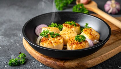 Seared Scallops in Pan with Herbs and Onion Rings Delicious Meal Presentation for Food Photography.