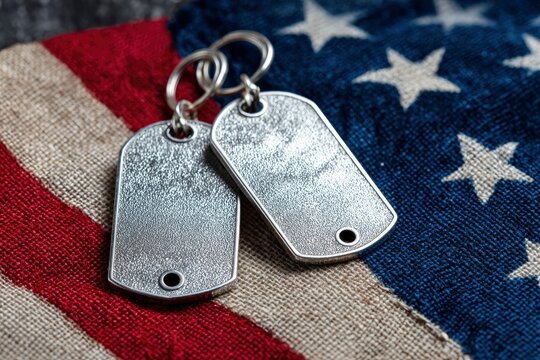 Two metal dog tags sit atop an American flag showcasing a patriotic symbol