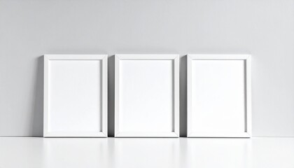 Three White Picture Frames Against a Wall Displaying Blank Space Perfect for Art or Photography Mockups.