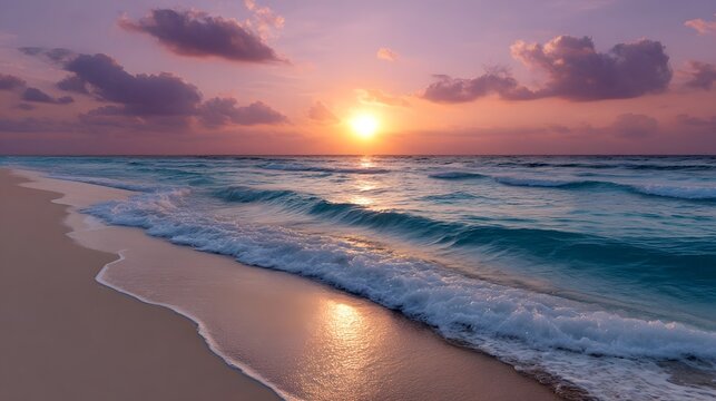 Serene beach at sunset with colorful sky and gentle waves washing ashore
