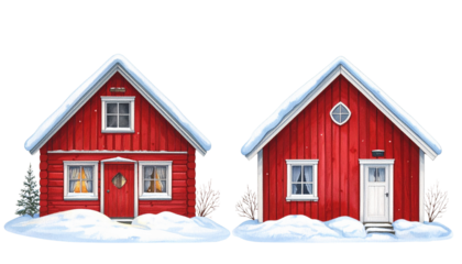 Classic Swedish red timber houses set isolated on transparent background