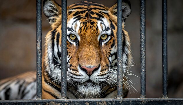 Focused tiger stares through bars, its stripes a striking pattern. Intense gaze