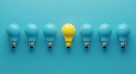 Yellow light bulb among blue ones, standing out as a unique idea or concept