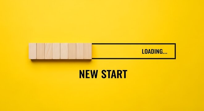 Wooden blocks showing a loading bar and the text new start on yellow