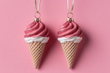 Two festive Christmas ornaments shaped like pink glittery ice cream cones with white tops and golden caps hanging on a soft pastel pink background