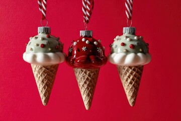 Three colorful glass Christmas ornaments shaped like ice cream cones with swirled tops and decorative sprinkles hanging from striped strings against a red background
