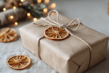 A single gift wrapped in plain kraft paper and tied with rustic twine is adorned with a dried orange slice and surrounded by lights and soft holiday decor