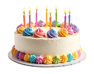 Classic Birthday Cake with Colorful Frosting and Candles, Front View, Isolated on White background