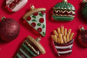 Creative Christmas ornaments shaped like fast food items including pizza, burgers, fries, and desserts are arranged playfully on a bright red background