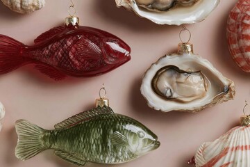 A unique set of Christmas ornaments shaped like fish, oysters, and seashells with detailed textures and glossy finishes arranged on a light neutral background