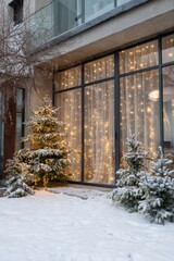 A modern home features large windows with sheer curtains and string lights, with multiple Christmas trees covered in snow and warm lights in the snowy front yard