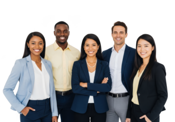 Diverse professional team posing together smiling confidently ready for success transparent background