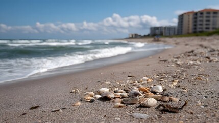 Sandy beach foreground with numerous shells gentle ocean waves and distant buildings under a blue sky with clouds