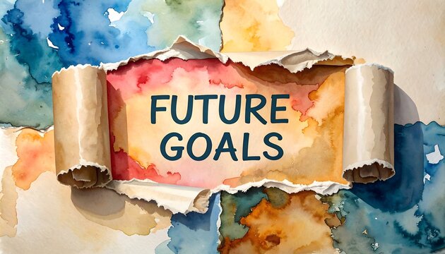 Future Goals" text torn from colorful abstract watercolor. Scrolls flank the text framed by ragged paper edges