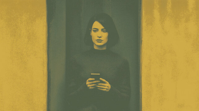 Monochrome Yellow Portrait of a Woman Holding a Phone — Symbol of Digital Waiting, Loneliness, and Modern Introspection - Powered by Adobe