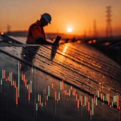 Harnessing the sun: the future of renewable energy solutions. Investment charts. Innovative solar energy installation scene at daybreak. Stock movement. Crypto market.