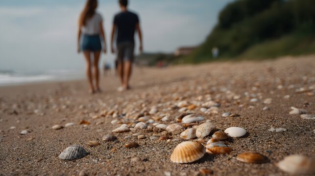 A couple strolls along a shell strewn beach with the ocean waves and a lush hill in the soft focus background