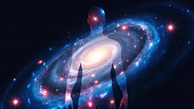 Human Silhouette Surrounded by Colorful Cosmic Galaxy and Stars in Dark Background