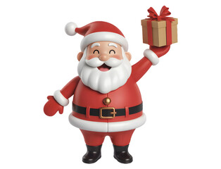 Obraz premium Cheerful santa claus character holding a festive gift box isolated on transparent background