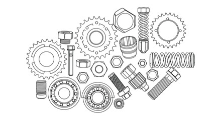 Outline drawing of mechanical parts including gears and fasteners