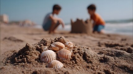 Close up of intricate seashells resting on sandy beach with children building sandcastles in the background on a bright summer day