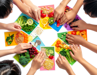 Top-Down View of Kids’ Hands Playing Nutrition Sorting Game with Food Cards, Fun Classroom Learning, Transparent Background