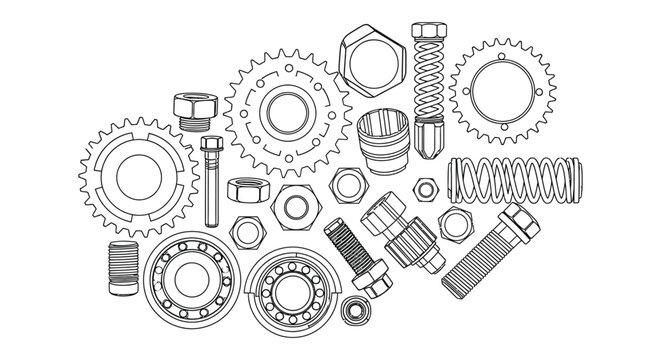 Outline drawing of mechanical parts including gears and fasteners