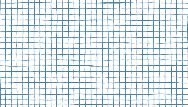 Seamless blue gingham tartan with hand-drawn check grid, traditional textured plaid vector pattern for fabric, textile design, packaging, wallpaper and vintage graphic backgrounds