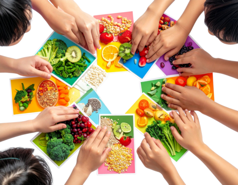 Top-Down View of Kids’ Hands Playing Nutrition Sorting Game with Food Cards, Fun Classroom Learning, Transparent Background