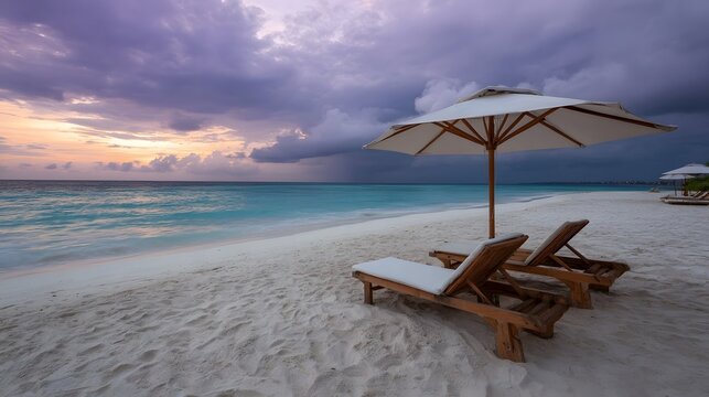 Serene tropical beach with empty lounge chairs and umbrella under dramatic stormy sunset clouds - Powered by Adobe