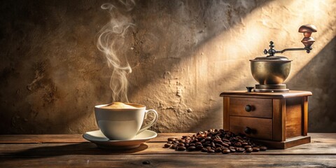 Aromatic Steam Rising from a Cup of Coffee Beside an Antique Grinder and Roasted Beans on a Rustic Wooden Table