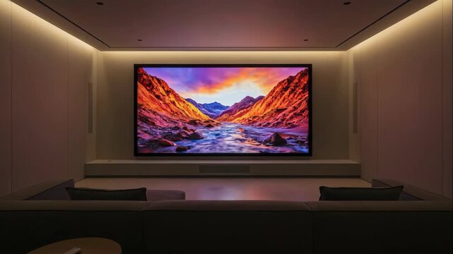 Modern entertainment room with large screen displaying a vivid river landscape and changing ambient lighting for home cinema experience