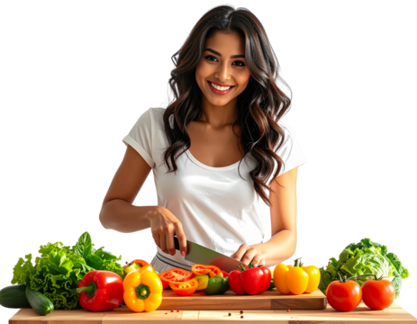 Smiling Woman Cutting Fresh Vegetables on Kitchen Counter, Healthy Cooking Concept, Transparent Background - Powered by Adobe