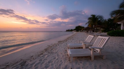 Serene tropical beach at sunset with empty lounge chairs on white sand