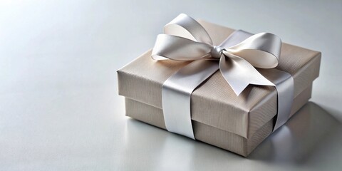 A delicately wrapped gift box, adorned with a sophisticated silver ribbon, sits elegantly on a smooth surface, conveying a sense of understated luxury and anticipation.