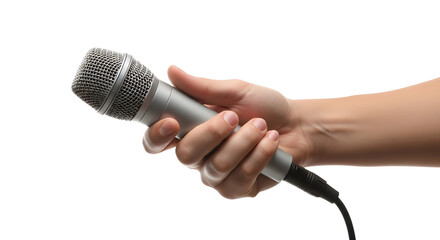 microphone in hand, holding a microphone on a white background