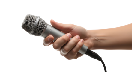 microphone in hand, holding a microphone on a white background