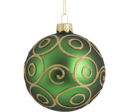 A single green glass christmas ornament with a swirling gold glitter pattern isolated on transparent background - Powered by Adobe