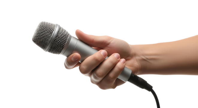 microphone in hand, holding a microphone on a white background