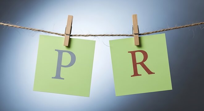 Two green cards display the letters p and r hanging on a clothesline