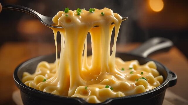 Close‑up of fork lifting creamy golden‑baked macaroni and cheese from bowl, stretchy cheese pull, comfort food detail

