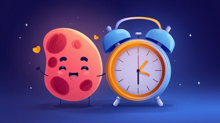 Naklejka premium Cartoon cell and clock symbolize cellular regeneration benefits from intermittent fasting.