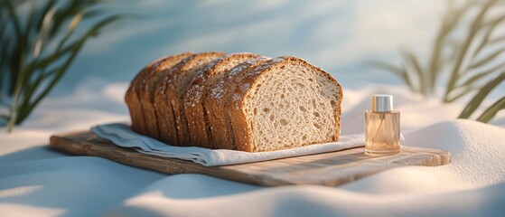 Rye bread slices on board and towel on blue background