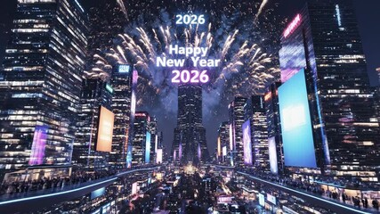 A cinematic aerial video of a futuristic city illuminated by neon lights and holographic fireworks, celebrating New Year 2026 - Powered by Adobe