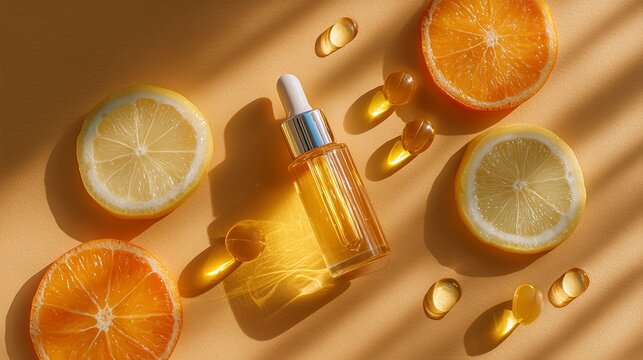Flat-lay of vitamin c serum bottle with sliced citrus and capsules on a warm background.