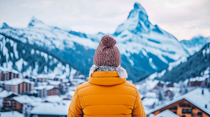 Rear view of person in warm orange jacket and knitted hat, gazing at majestic snow-capped Matterhorn peak and picturesque Alpine village in serene winter landscape