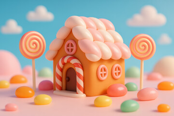 Cute Candy House in Pastel Fantasy Landscape