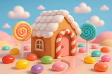 Cute Candy House in Pastel Fantasy Landscape