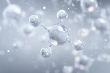 透明な分子構造が美しく浮かぶ保湿美容成分の3Dイメージ。ヒアルロン酸やコラーゲンをイメージした清潔感のある透明球体。化粧品・スキンケア・先端科学・ナノテクノロジー背景。
A beautiful transparent molecular structure representing moisturizing cosmetic ingredients such as hyaluronic acid