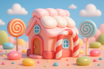 Cute Candy House in Pastel Fantasy Landscape